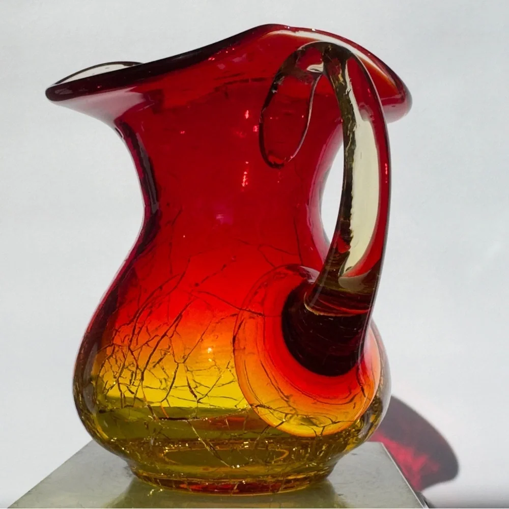 Vintage Amberina‎ Crackle Glass Pitcher Red Yellow Ombre Hand Blown Mini Pitcher
